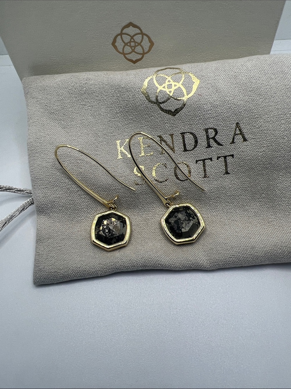 Kendra Scott Black and Gold marbled Drop Earrings - Picture 3 of 4